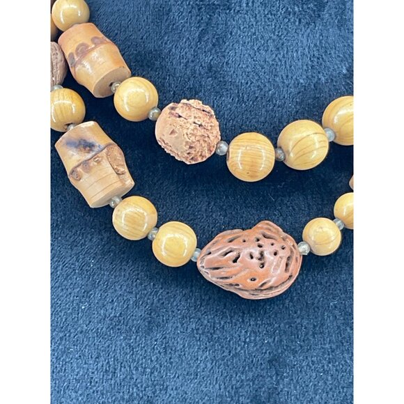Vintage Wooden Beaded Necklace With Carved Faces & Textured Beads Approximately - Picture 2 of 3